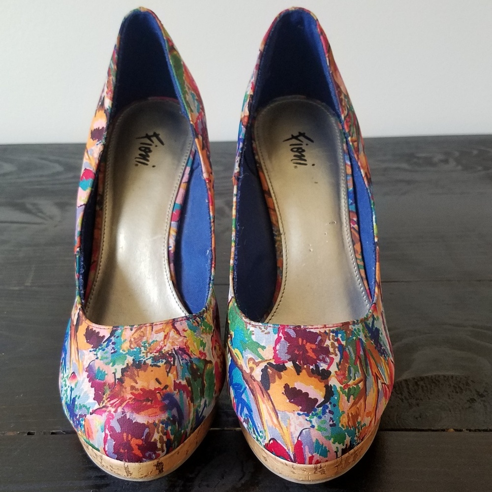Multi-Color Floral Pumps with Cork Heels - 7.5